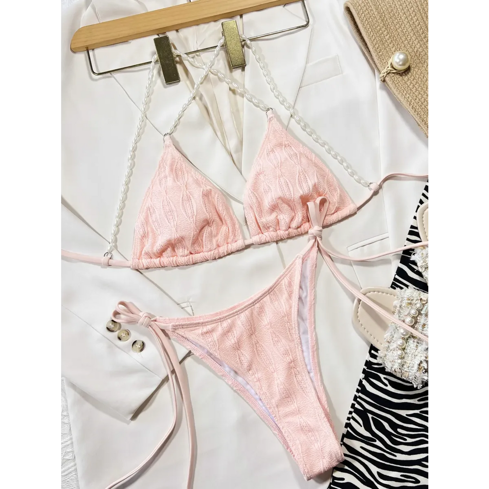 Pearl Halter Knit Bikini Set – Kawaii Beach Swimwear - Swimsuits - Strapless - Swimwear - 1
