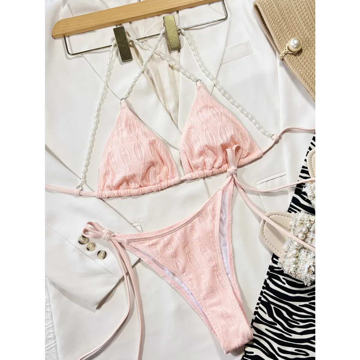 Pearl Halter Knit Bikini Set – Kawaii Beach Swimwear - Best Sellers - Strapless - Swimwear - 1