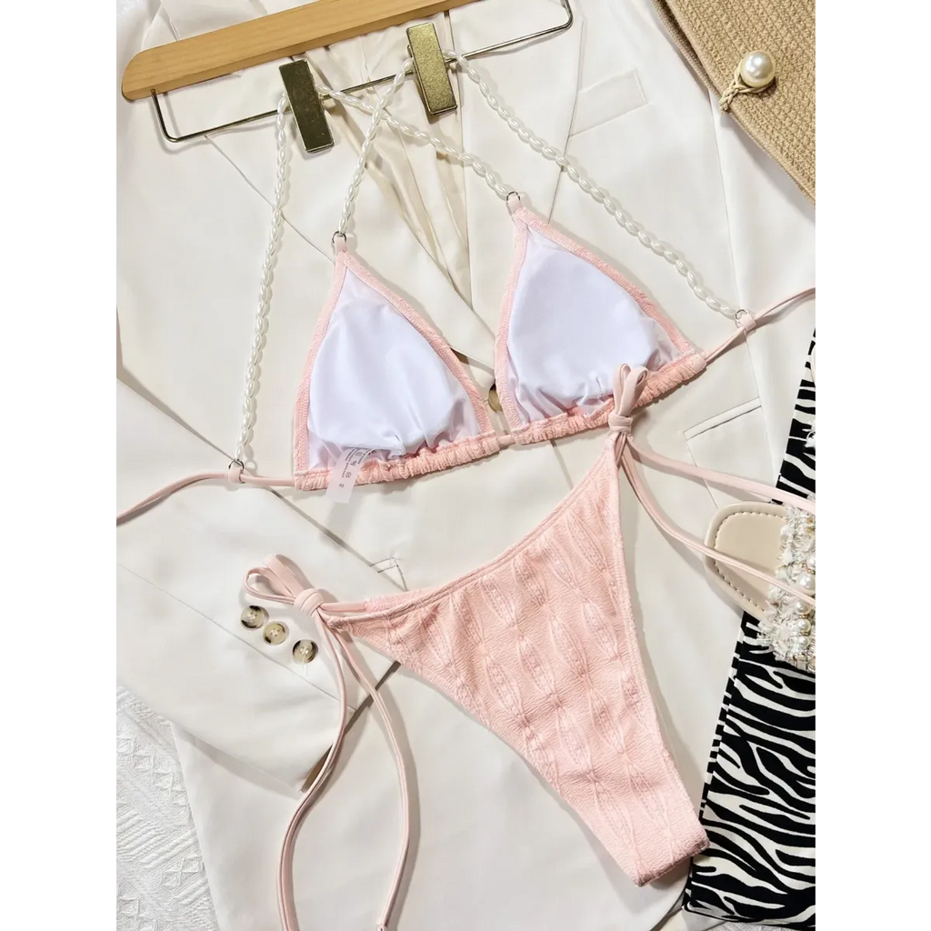 Pearl Halter Knit Bikini Set – Kawaii Beach Swimwear - Swimsuits - Strapless - Swimwear - 2