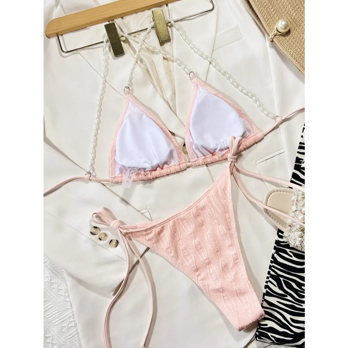 Pearl Halter Knit Bikini Set – Kawaii Beach Swimwear - Swimsuits - Strapless - Swimwear - 2