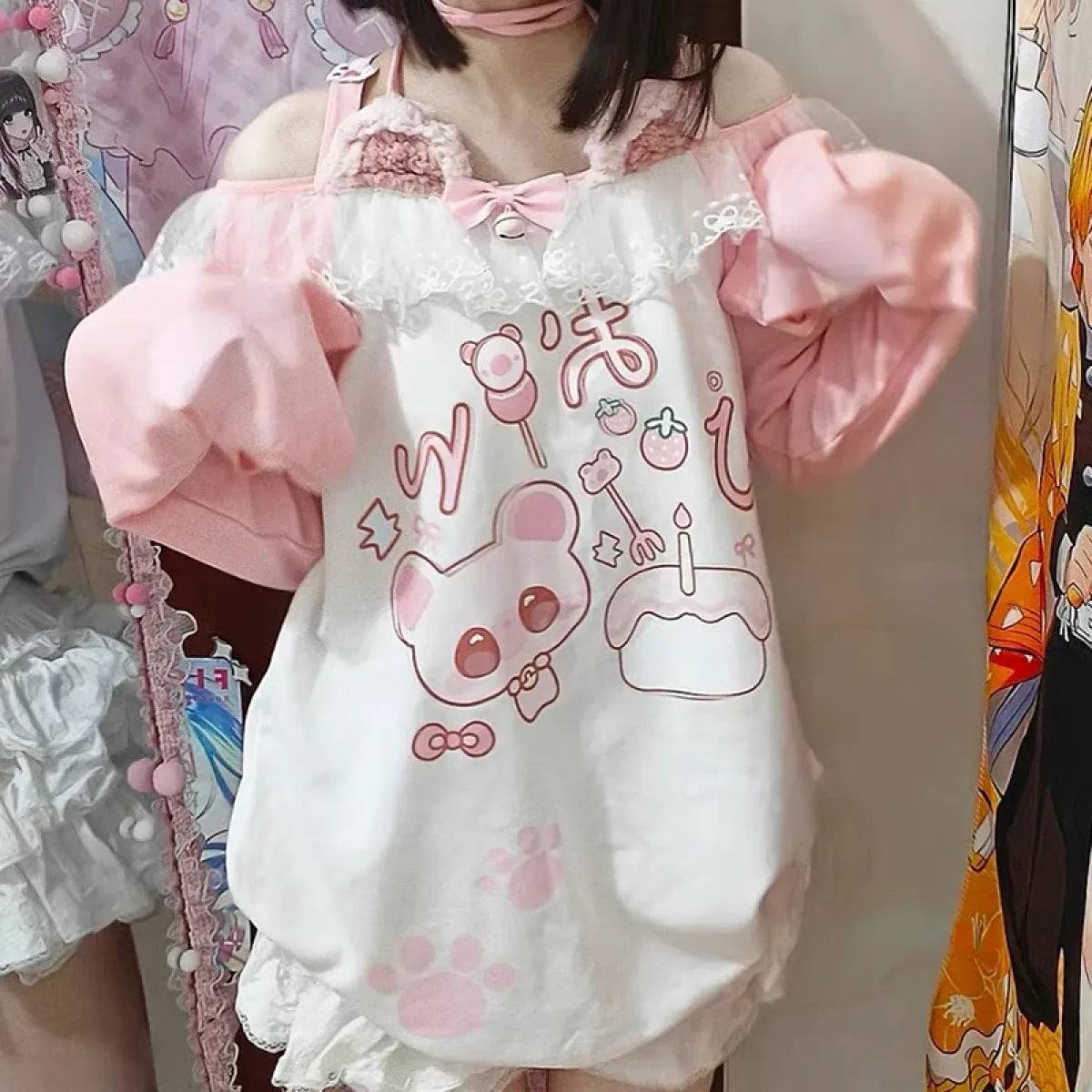 Kawaii Bear Print Top – Harajuku Pastel Yume Cute Aesthetic - T-Shirts - Long - Off-Shoulder - T-Shirts - 1