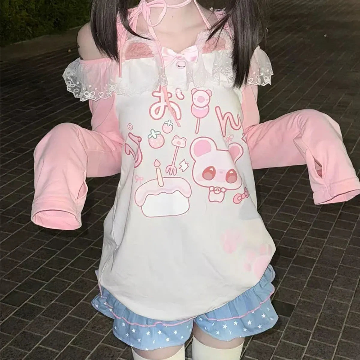 Kawaii Bear Print Top – Harajuku Pastel Yume Cute Aesthetic - T-Shirts - Long - Off-Shoulder - T-Shirts - 2