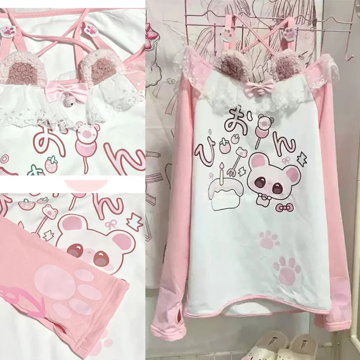 Kawaii Bear Print Top – Harajuku Pastel Yume Cute Aesthetic - T-Shirts - Long - Off-Shoulder - T-Shirts - 3
