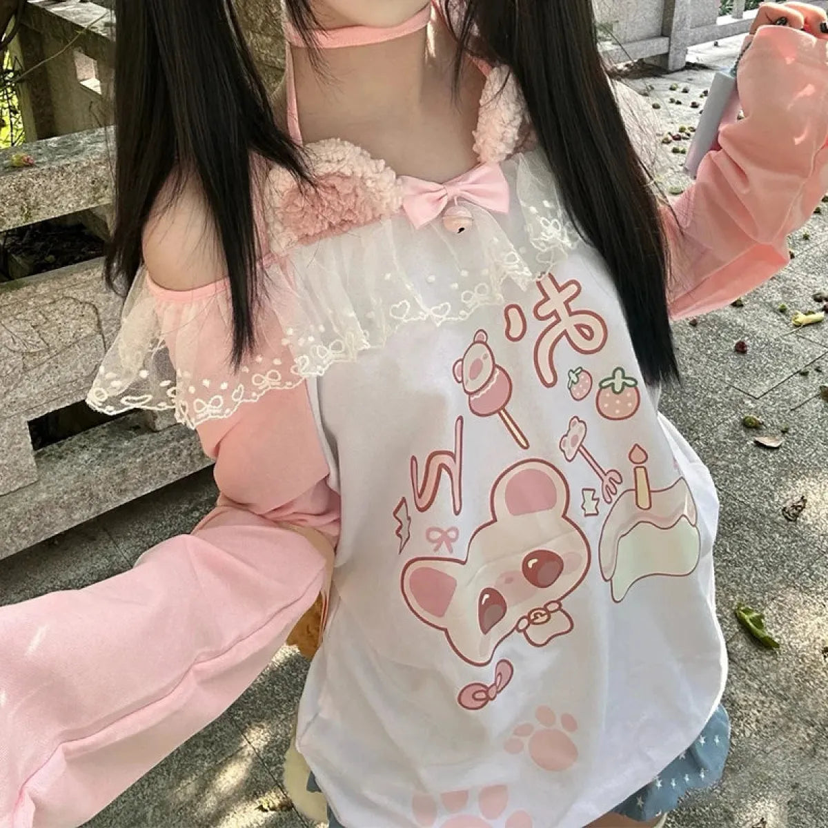 Kawaii Bear Print Top – Harajuku Pastel Yume Cute Aesthetic - T-Shirts - Long - Off-Shoulder - T-Shirts - 4