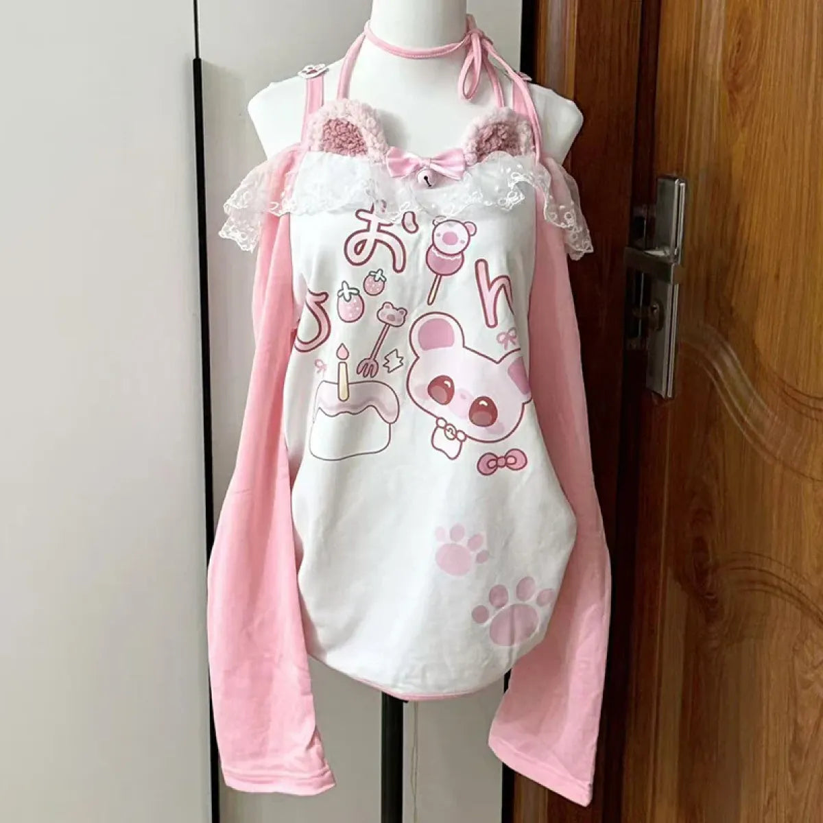 Kawaii Bear Print Top – Harajuku Pastel Yume Cute Aesthetic - T-Shirts - Long - Off-Shoulder - T-Shirts - 5