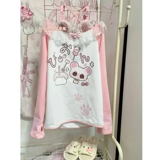 Kawaii Bear Print Top – Harajuku Pastel Yume Cute Aesthetic - T-Shirts - Long - Off-Shoulder - T-Shirts - 7