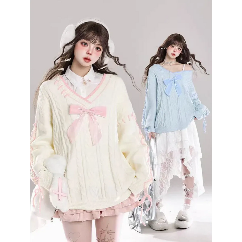 Kawaii Bow Knit Sweater – V-Neck Oversized Winter Jumper - Sweaters - Round - Women’s Sweaters - 1
