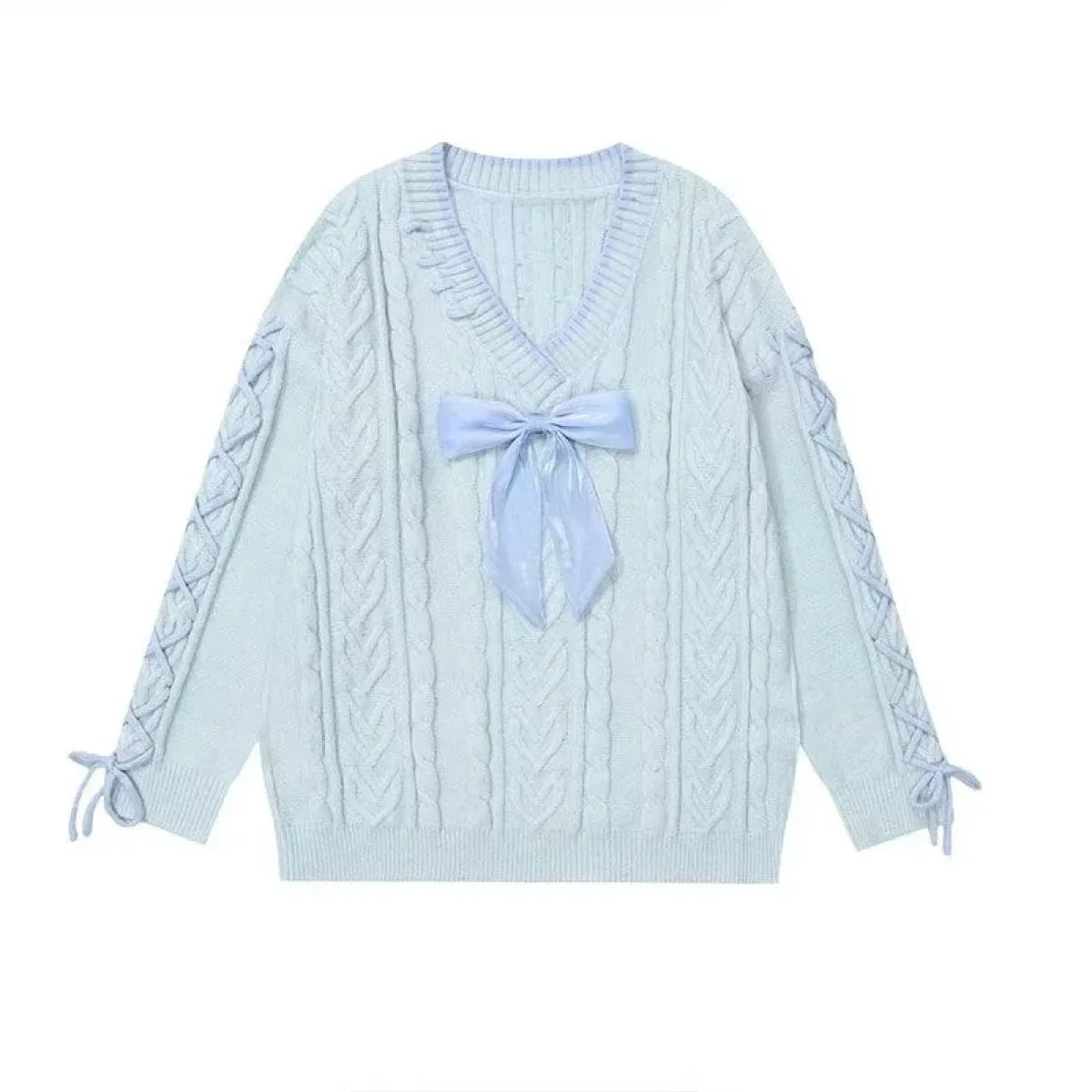 Kawaii Bow Knit Sweater – V-Neck Oversized Winter Jumper - Sweaters - Round - Women’s Sweaters - 2