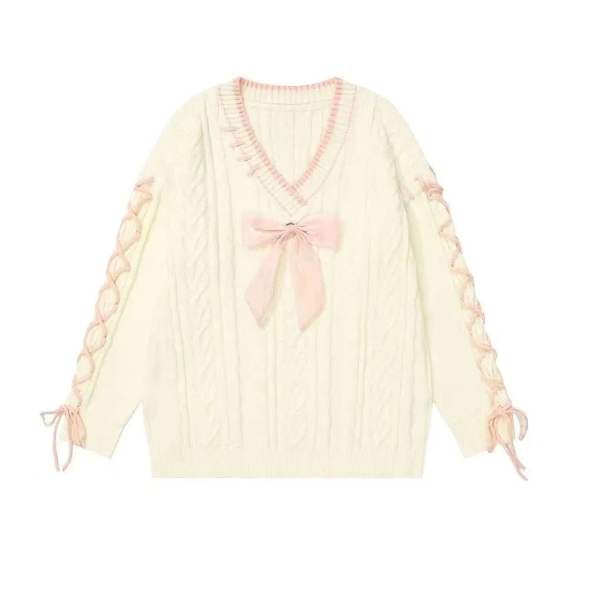 Kawaii Bow Knit Sweater – V-Neck Oversized Winter Jumper - Sweaters - Round - Women’s Sweaters - 3