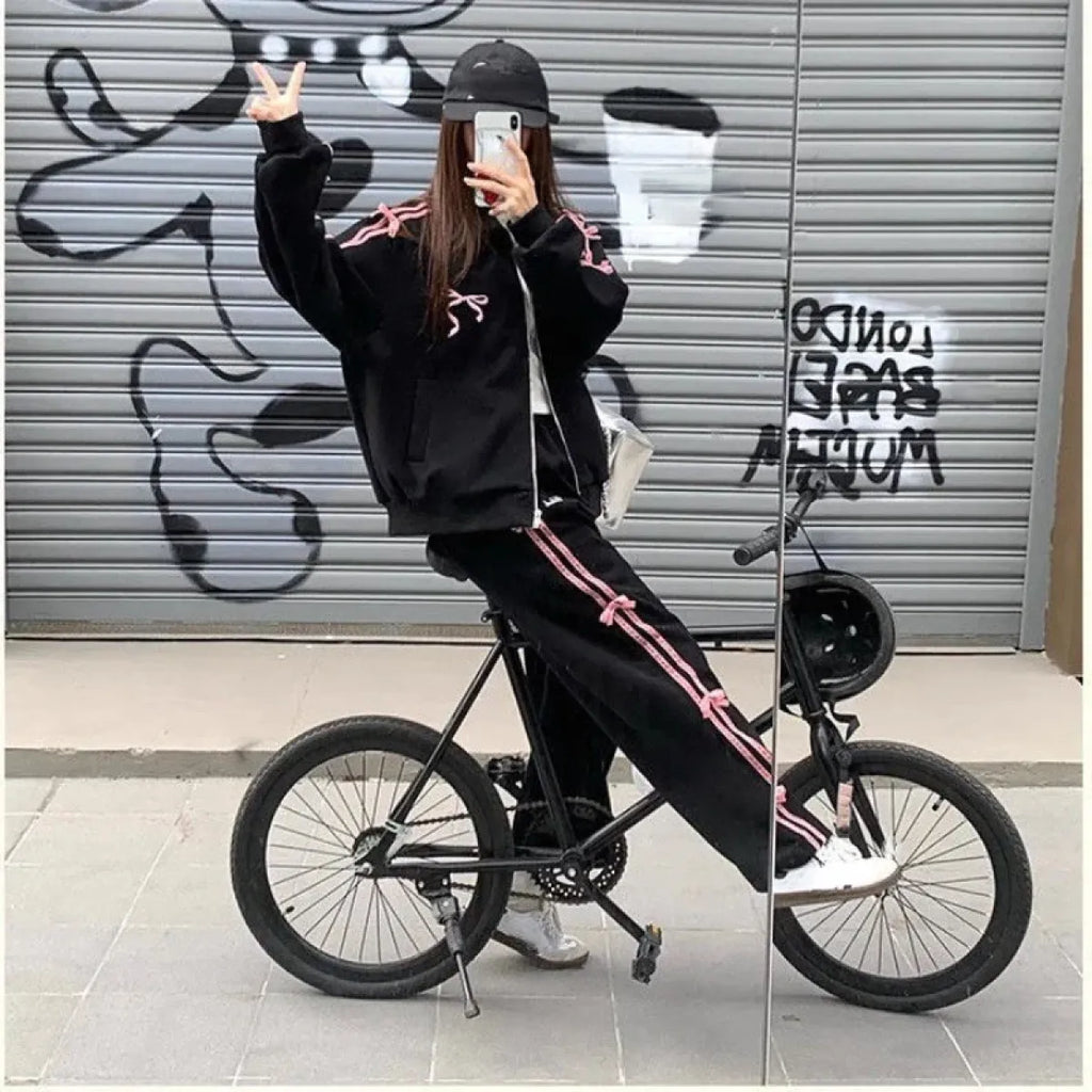 Kawaii Bow Tracksuit – Striped Sweatshirt & Casual Pants - Bottoms - Clothing Sets - 3