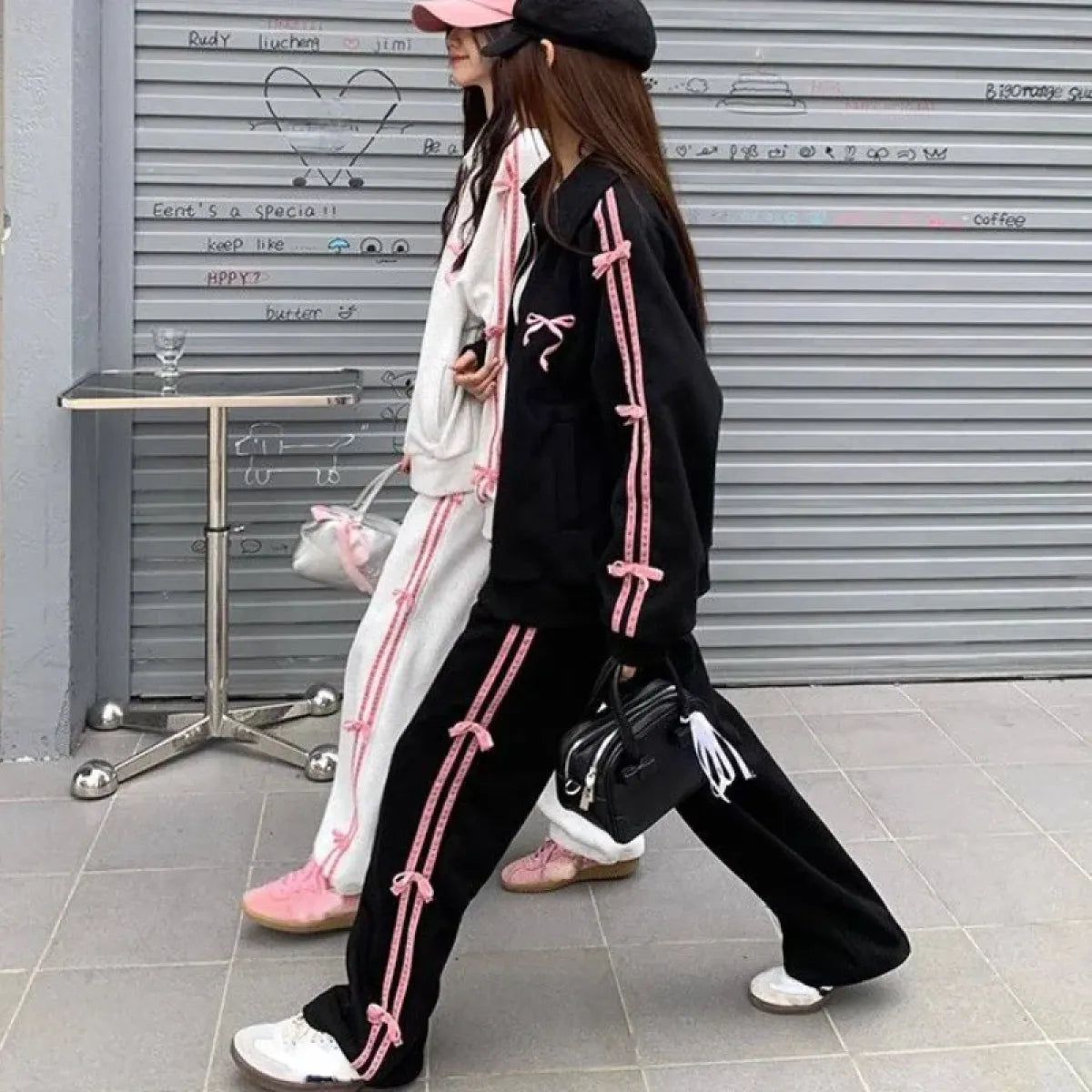 Kawaii Bow Tracksuit – Striped Sweatshirt & Casual Pants - Bottoms - Clothing Sets - 2