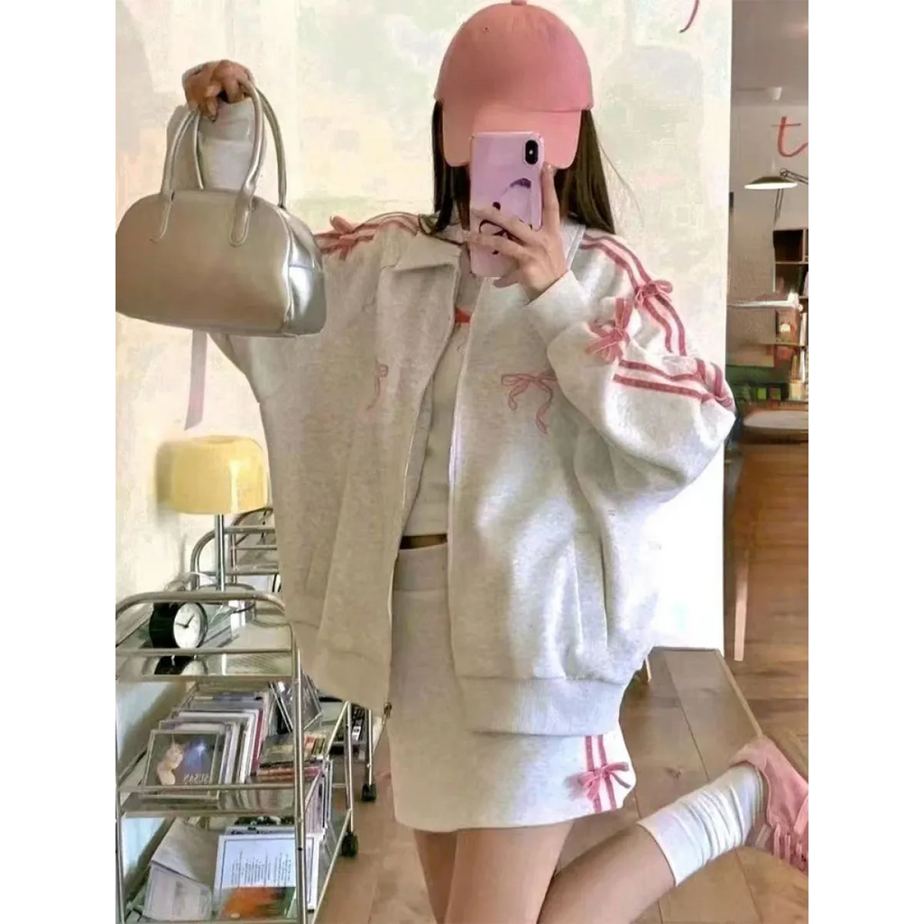 Kawaii Bow Tracksuit – Striped Sweatshirt & Casual Pants - Bottoms - Clothing Sets - 6