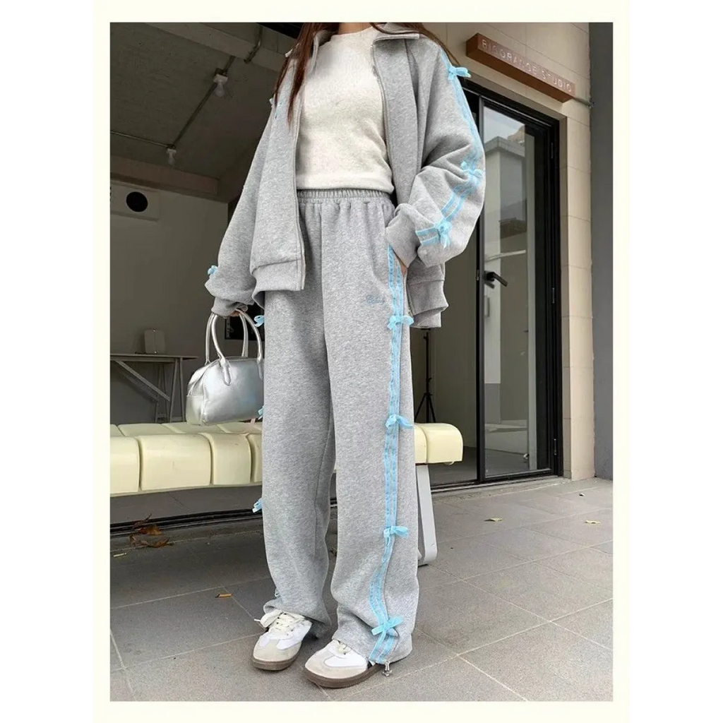 Kawaii Bow Tracksuit – Striped Sweatshirt & Casual Pants - Bottoms - Clothing Sets - 4