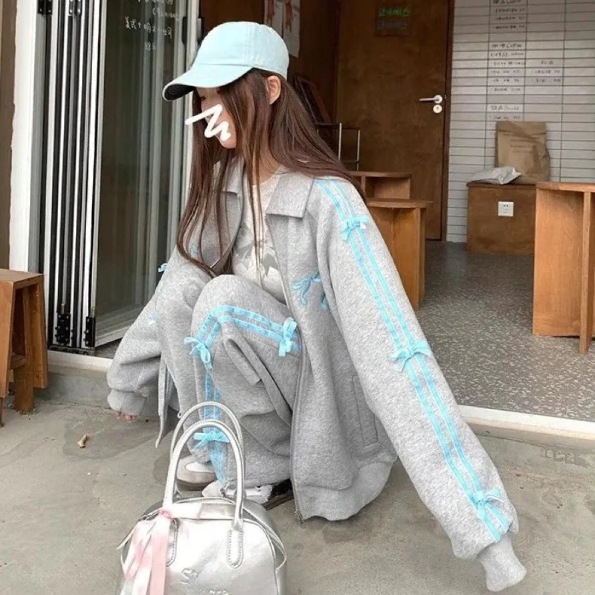 Kawaii Bow Tracksuit – Striped Sweatshirt & Casual Pants - Bottoms - Clothing Sets - 7