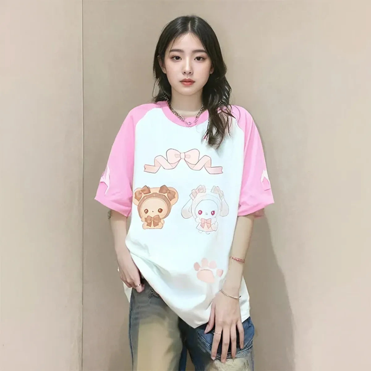 Kawaii Bunny Print T-Shirt – Harajuku Yume Cute Aesthetic - T-Shirts - Long - Round - T-Shirts - 2
