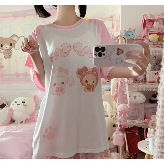 Kawaii Bunny Print T-Shirt – Harajuku Yume Cute Aesthetic - T-Shirts - Long - Round - T-Shirts - 7