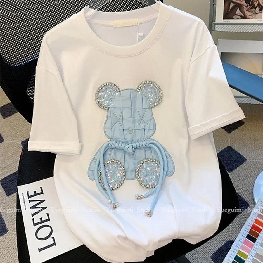 Kawaii Cartoon Diamond Bear Beaded T-Shirt - T-Shirts - Shirts & Tops - 2 - 2024