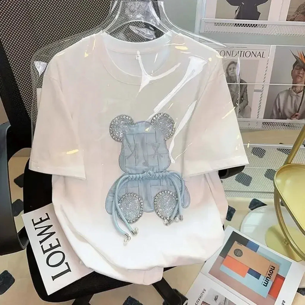 Kawaii Cartoon Diamond Bear Beaded T-Shirt - T-Shirts - 4
