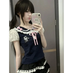 Y2K Lace T-shirt - Kawaii Cartoon Embroidery Graphic Tee - T-Shirts - 1