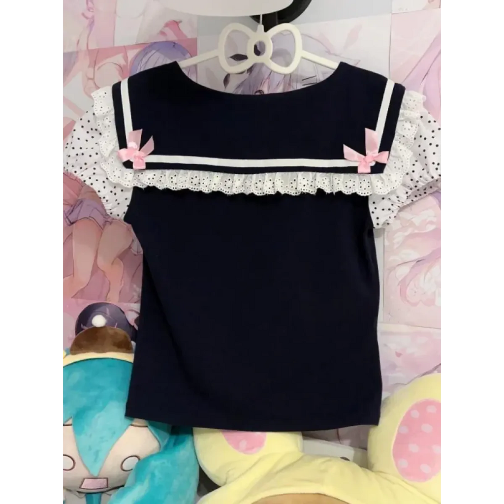 Y2K Lace T-shirt - Kawaii Cartoon Embroidery Graphic Tee - T-Shirts - 2