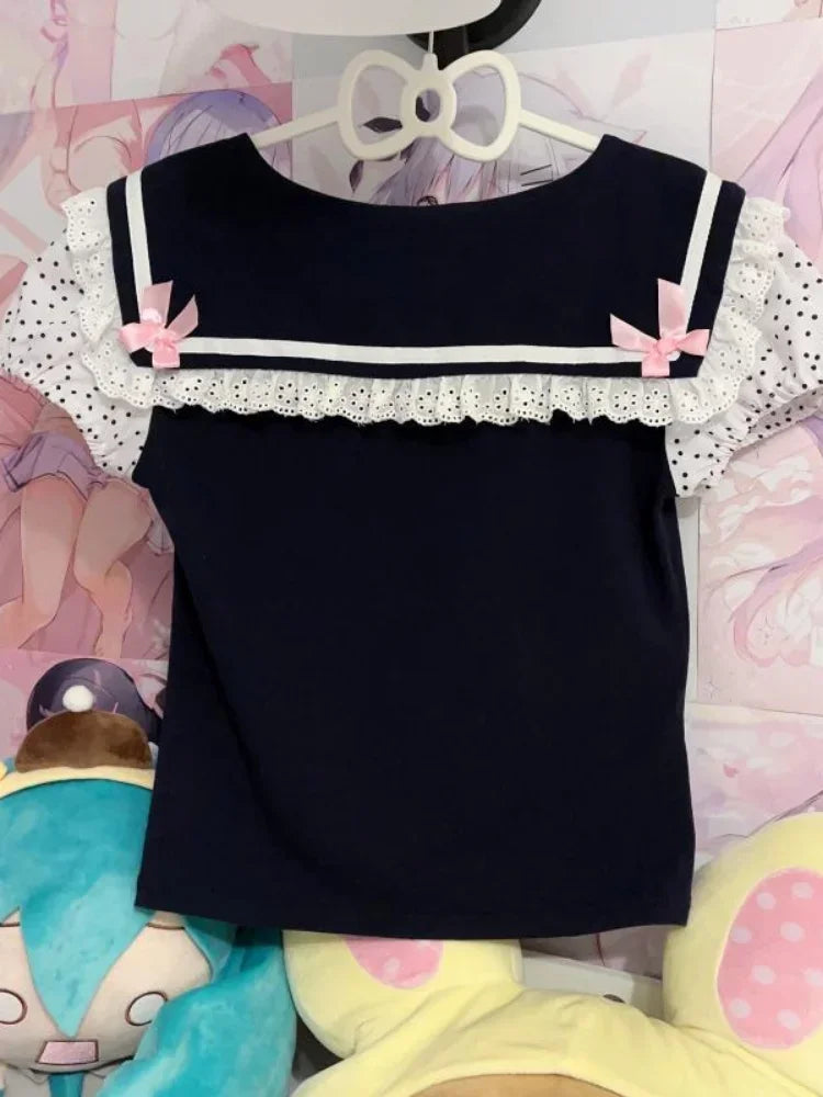 Y2K Lace T-shirt - Kawaii Cartoon Embroidery Graphic Tee - T-Shirts - Shirts & Tops - 2 - 2024