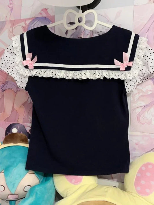 Y2K Lace T-shirt - Kawaii Cartoon Embroidery Graphic Tee - T-Shirts - Shirts & Tops - 2 - 2024