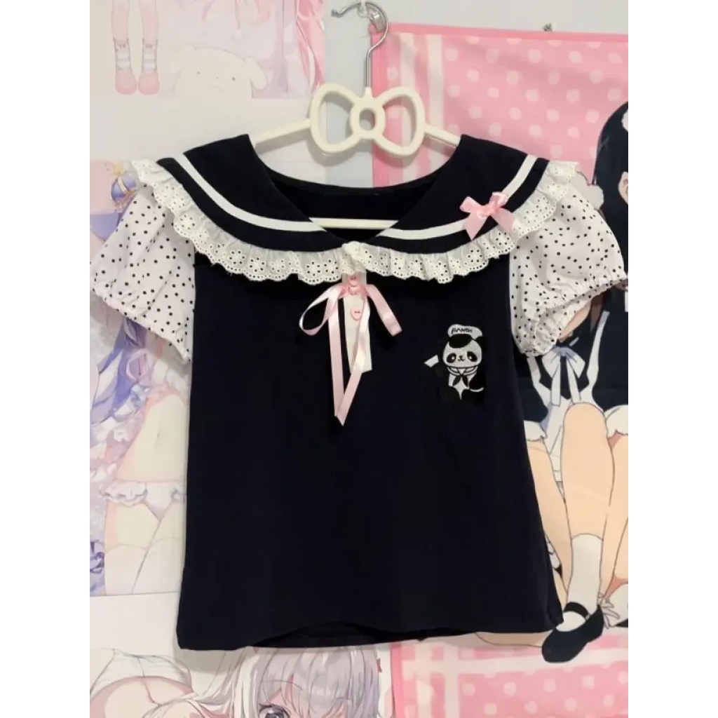 Y2K Lace T-shirt - Kawaii Cartoon Embroidery Graphic Tee - T-Shirts - 4