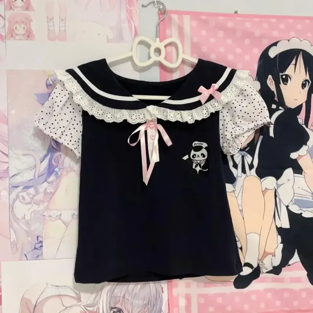 Y2K Lace T-shirt - Kawaii Cartoon Embroidery Graphic Tee - T-Shirts - 6