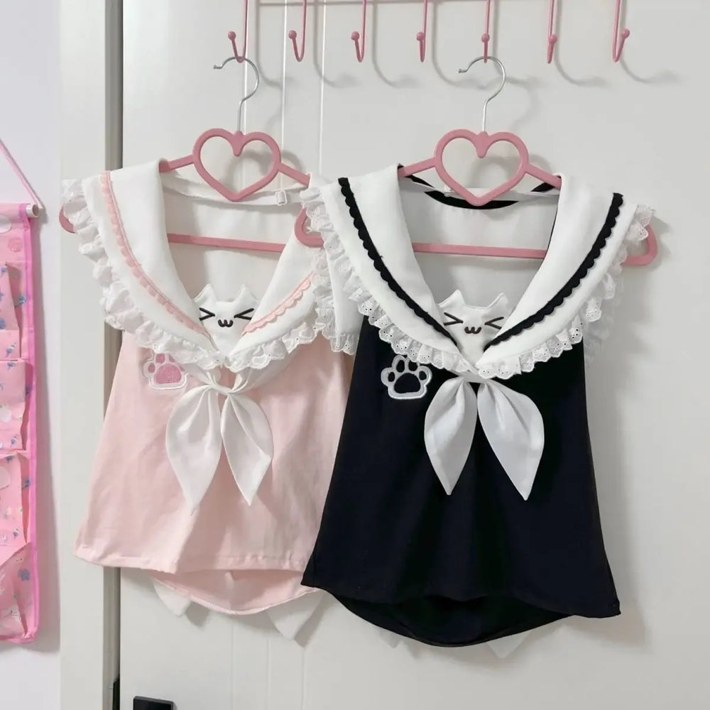 Kawaii Cat Lace Sailor Crop Top - T-Shirts - Sleeveless - Women T-shirts - 1