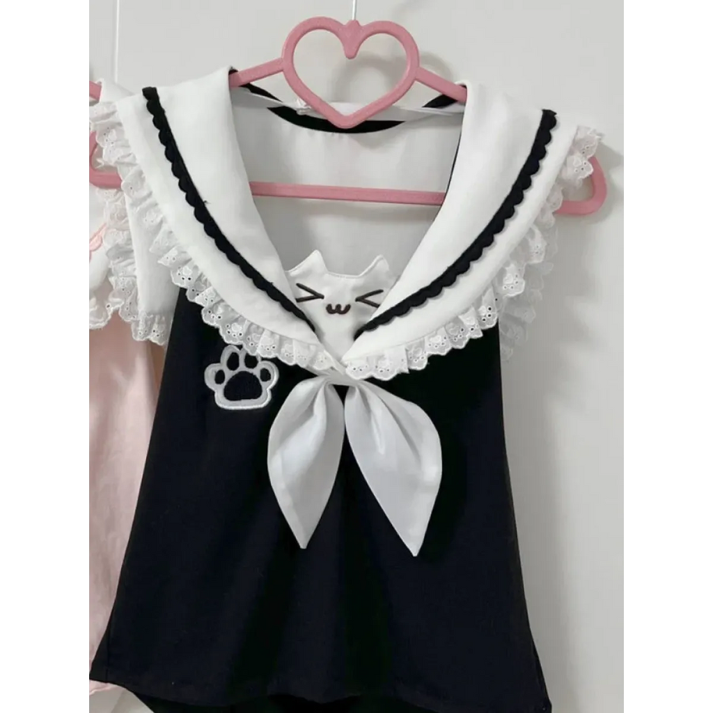 Kawaii Cat Lace Sailor Crop Top - T-Shirts - Sleeveless - Women T-shirts - 12