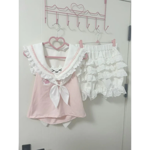 Kawaii Cat Lace Sailor Crop Top - T-Shirts - Sleeveless - Women T-shirts - 2