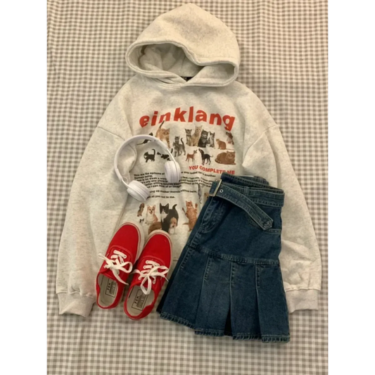 Kawaii Cat Print Fleece Hoodie Sweatshirt - T-Shirts - Sweatshirt - 1