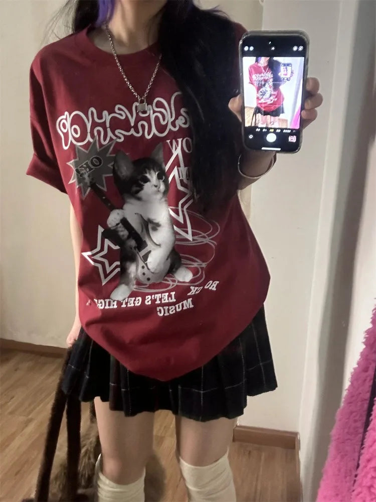 Kawaii Cat Print Red T-Shirt - Harajuku Oversized Punk Style Top - T-Shirts - T-Shirts - 2024 - 2 - Worldwide Shipping