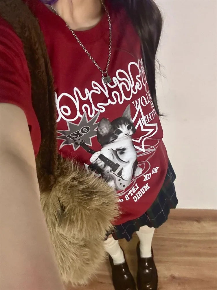 Kawaii Cat Print Red T-Shirt - Harajuku Oversized Punk Style Top - T-Shirts - T-Shirts - 2024 - 5 - Worldwide Shipping