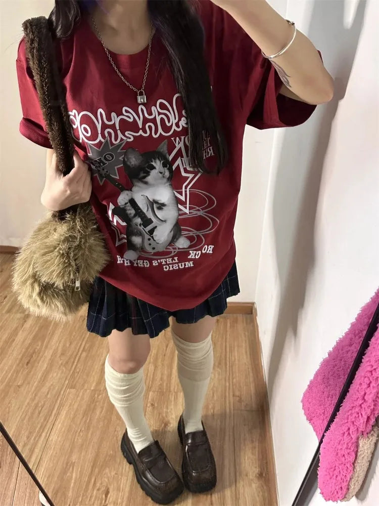 Kawaii Cat Print Red T-Shirt - Harajuku Oversized Punk Style Top - T-Shirts - T-Shirts - 2024 - 3 - Worldwide Shipping