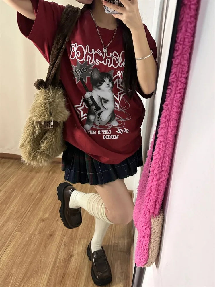 Kawaii Cat Print Red T-Shirt - Harajuku Oversized Punk Style Top - T-Shirts - T-Shirts - 2024 - 6 - Worldwide Shipping