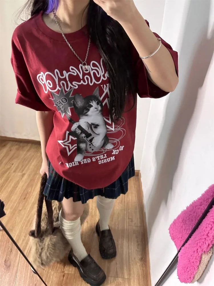 Kawaii Cat Print Red T-Shirt - Harajuku Oversized Punk Style Top - T-Shirts - T-Shirts - 2024 - 4 - Worldwide Shipping