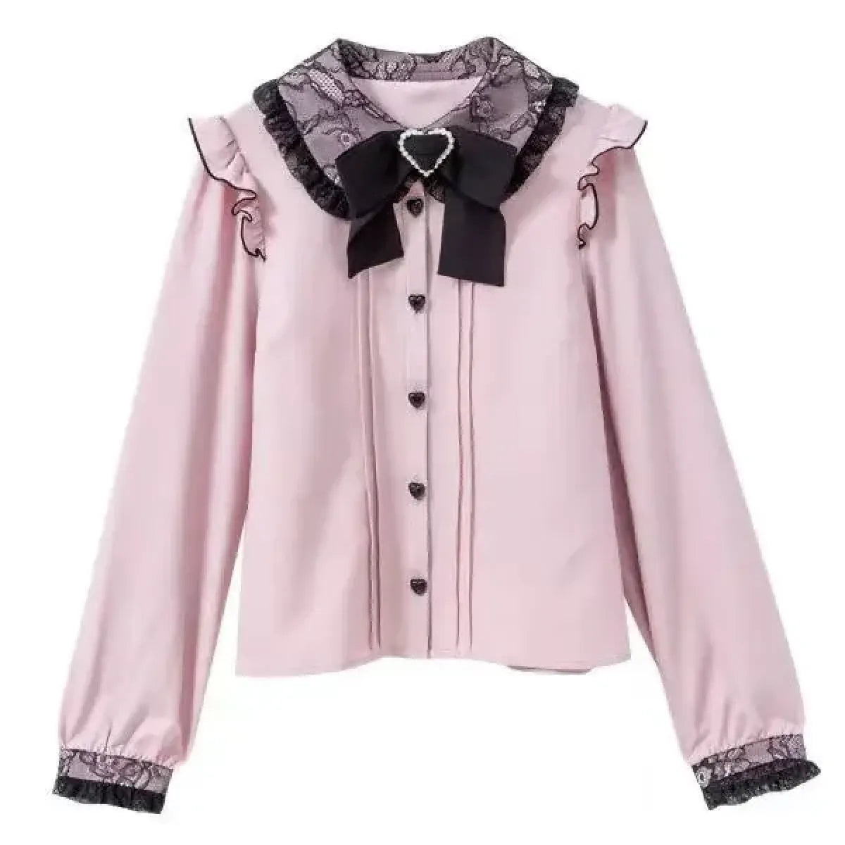 Lace Trim Bow Blouse – Harajuku Y2K Grunge Lolita Shirt - T-Shirts - Long - Crew - Blouses - 7