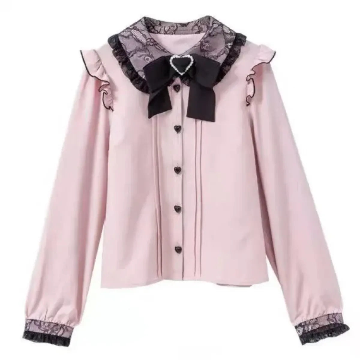 Lace Trim Bow Blouse – Harajuku Y2K Grunge Lolita Shirt - T-Shirts - Long - Crew - Blouses - 5