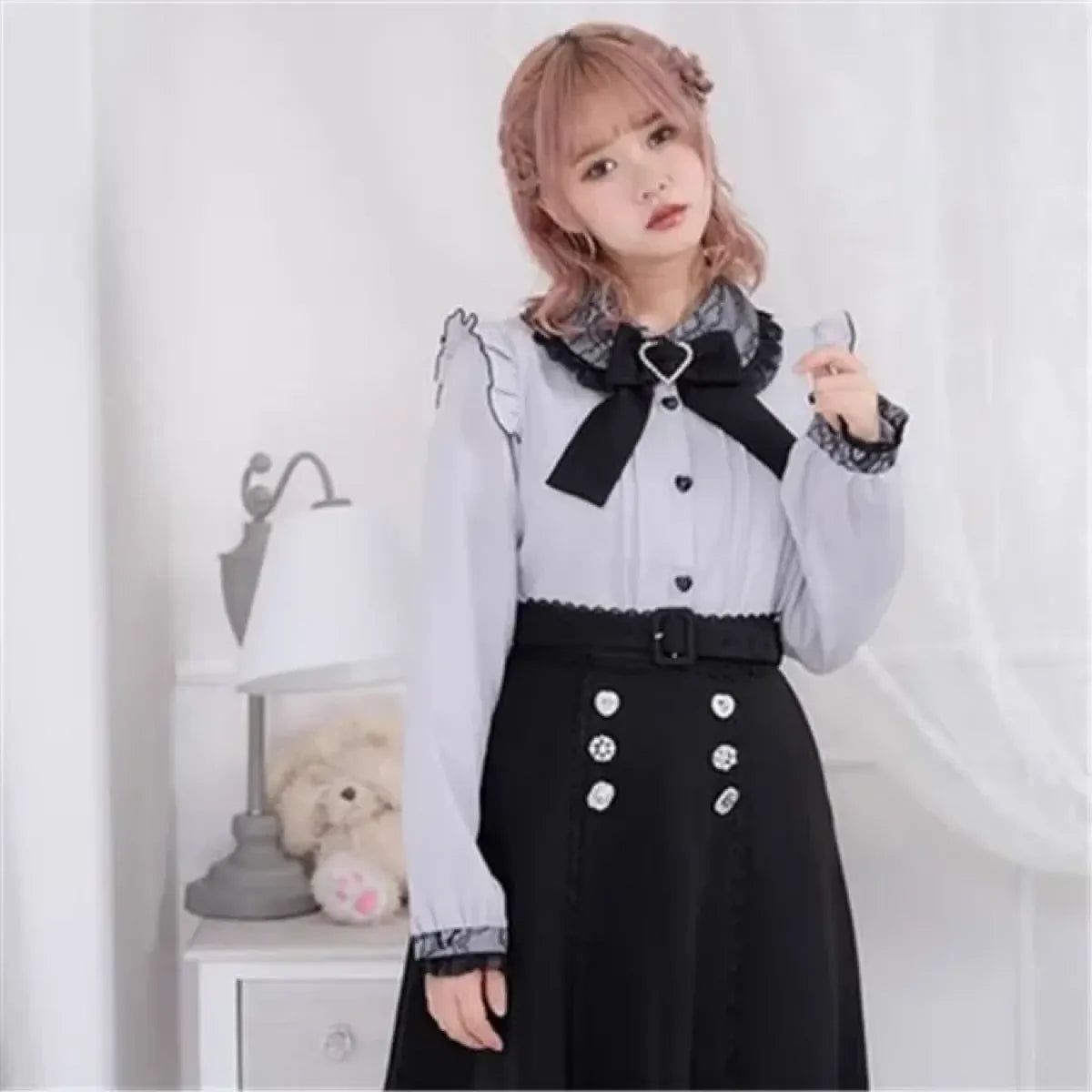 Lace Trim Bow Blouse – Harajuku Y2K Grunge Lolita Shirt - T-Shirts - Long - Crew - Blouses - 4