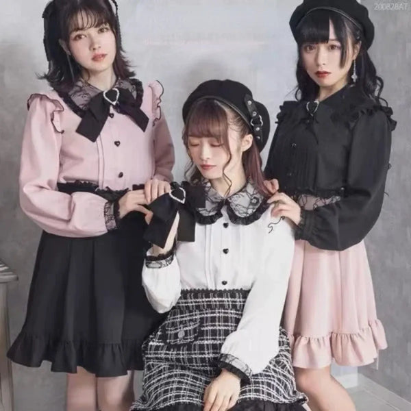 Lace Trim Bow Blouse – Harajuku Y2K Grunge Lolita Shirt - T-Shirts - Long - Crew - Blouses - 1