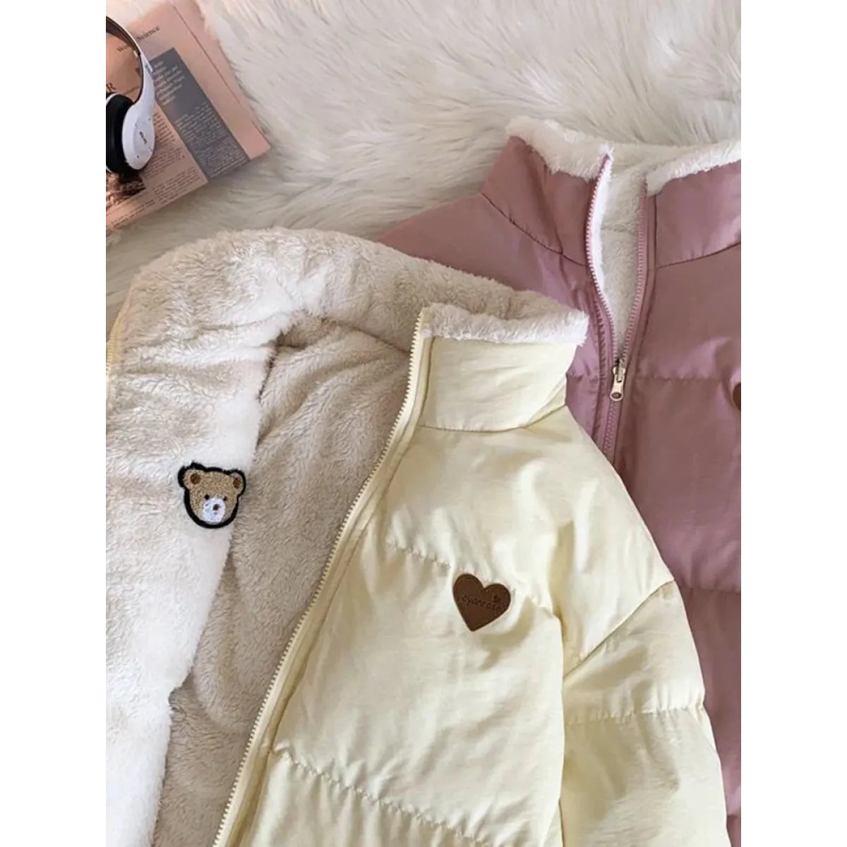 Kawaii Double Sided Love Bear Winter Puffer Jacket - Jackets & Coats - 2