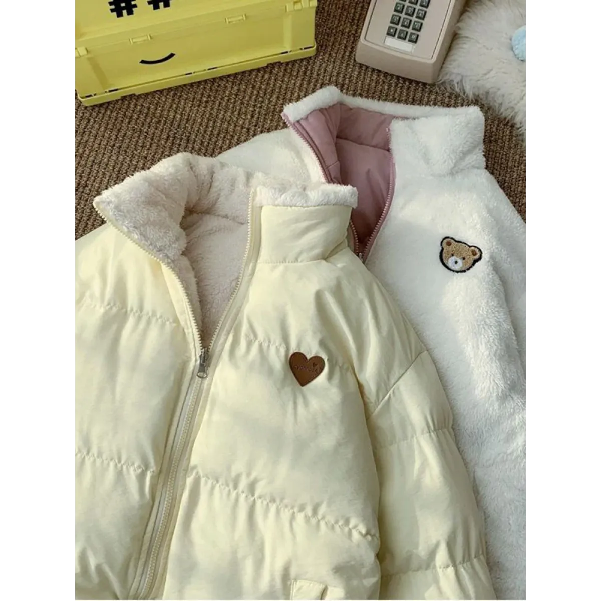 Kawaii Double Sided Love Bear Winter Puffer Jacket - Jackets & Coats - 4