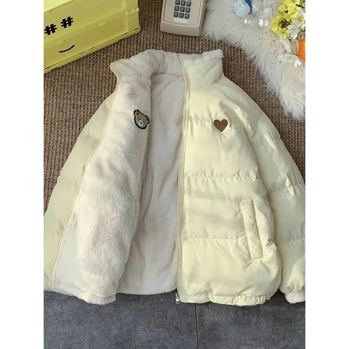 Kawaii Double Sided Love Bear Winter Puffer Jacket - Jackets & Coats - 5