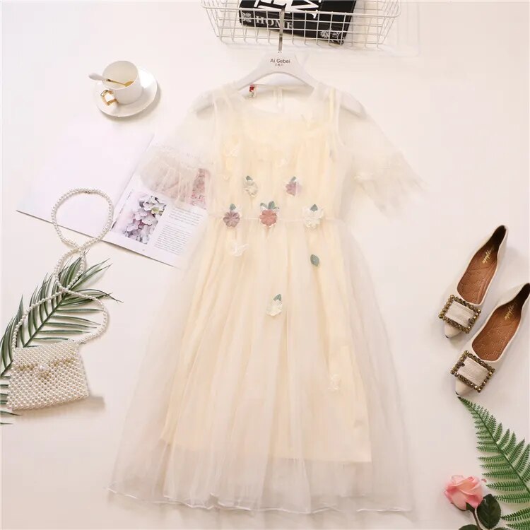 Kawaii Floral Lace Summer Dress Set - Beige / One Size - All Dresses - Dresses - 10 - 2024