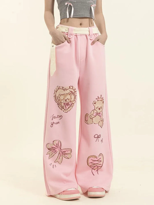 Pastel Bear Print Wide-Leg Pants – Kawaii Harajuku Y2K Aesthetic - Bottoms - 2025 - 2 - Worldwide Shipping