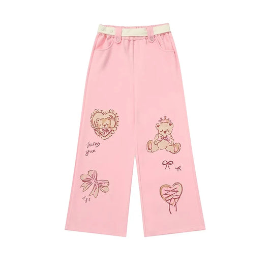 Pastel Bear Print Wide-Leg Pants – Kawaii Harajuku Y2K Aesthetic - Pink / M - Bottoms - 2025 - 11 - Worldwide Shipping