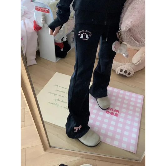 Flare Sweatpants – Kawaii High Waist Embroidered Trousers - Bottoms - Women’s Pants - 2