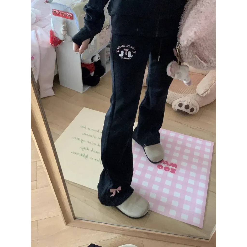 Flare Sweatpants – Kawaii High Waist Embroidered Trousers - Bottoms - Women’s Pants - 4
