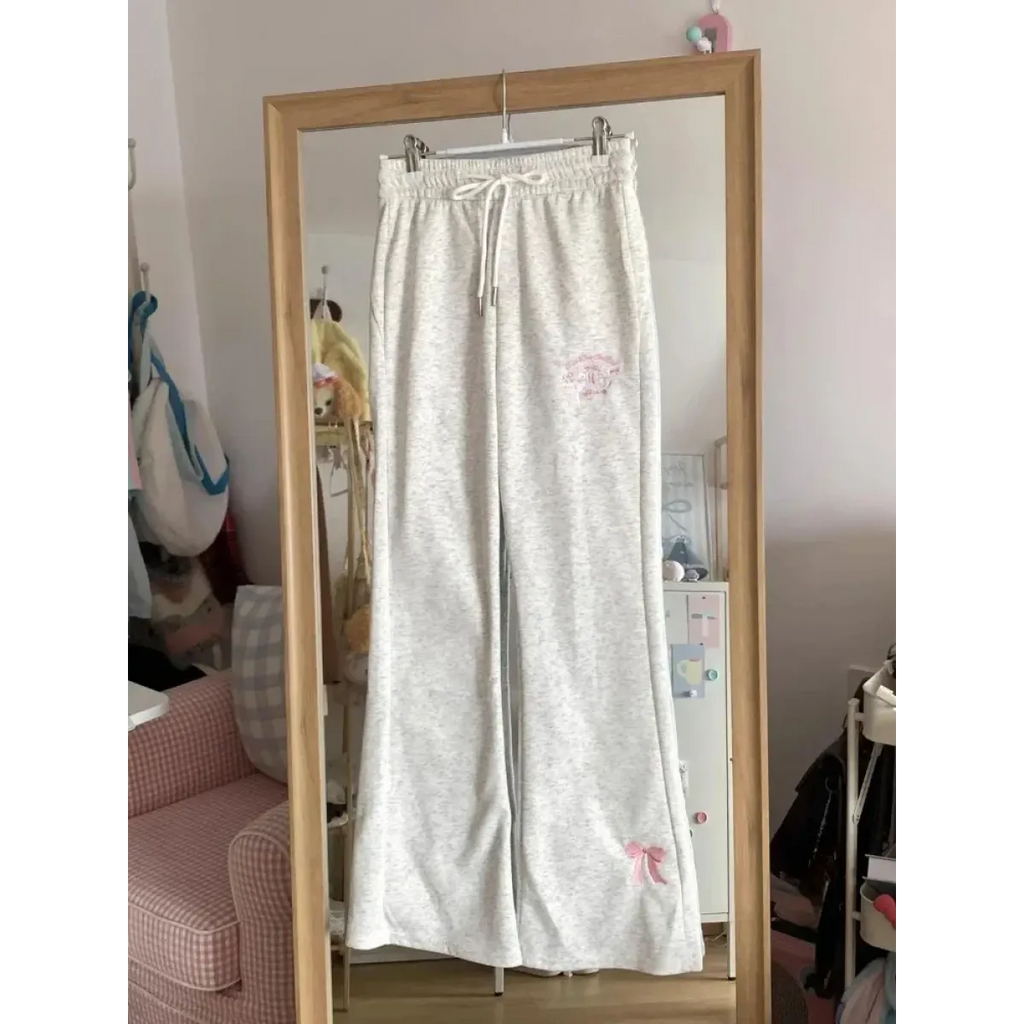 Kawaii High Waist Flare Pants – Bow Embroidery Slim Fit Trousers - Bottoms - Women’s Pants - 4